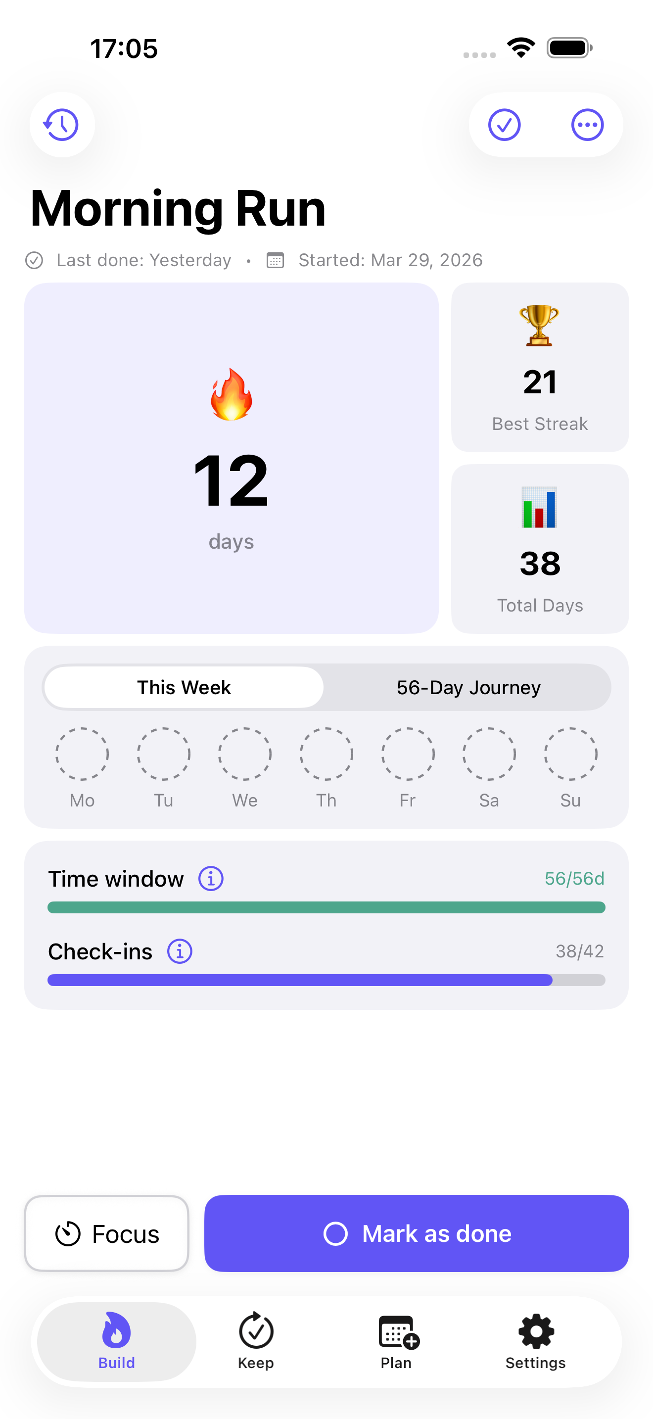 Daily Streak — Build tab showing habit streak